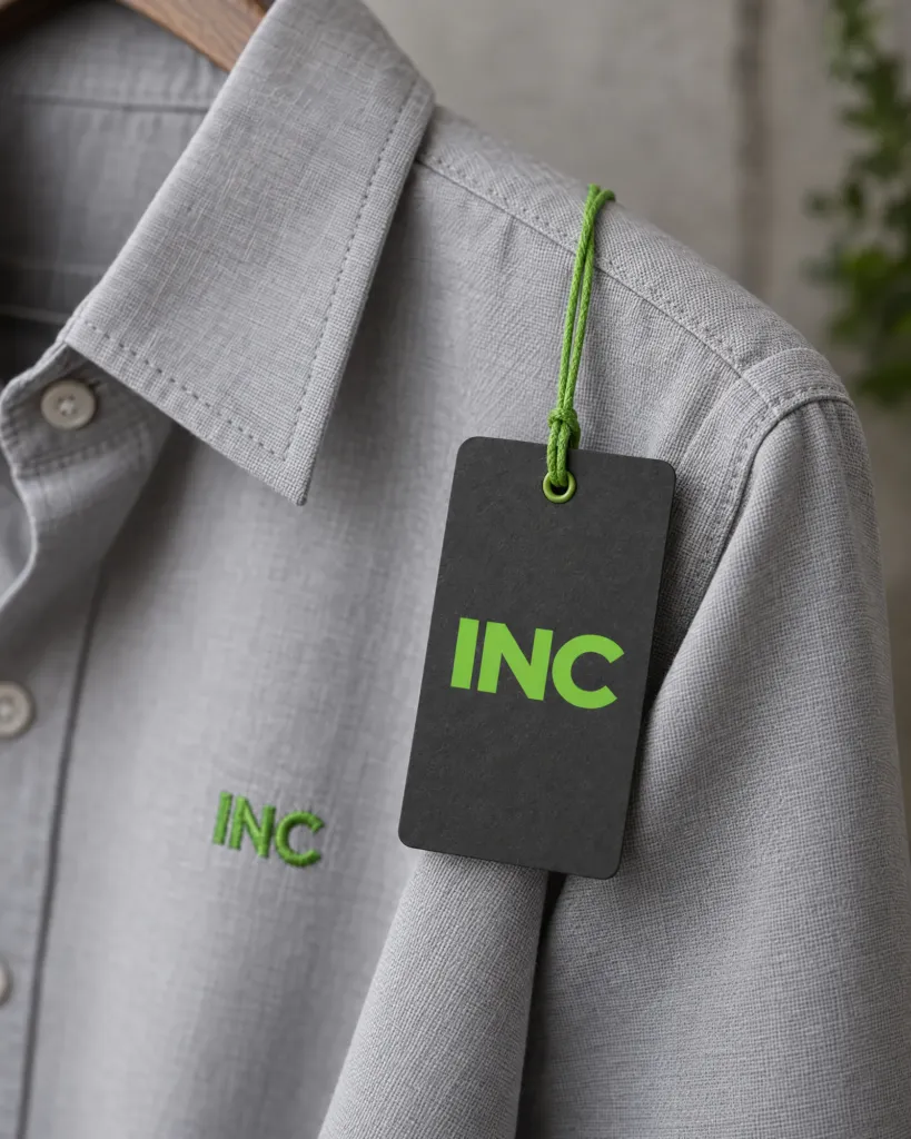 Etiqueta colgante INC en una camisa corporativa